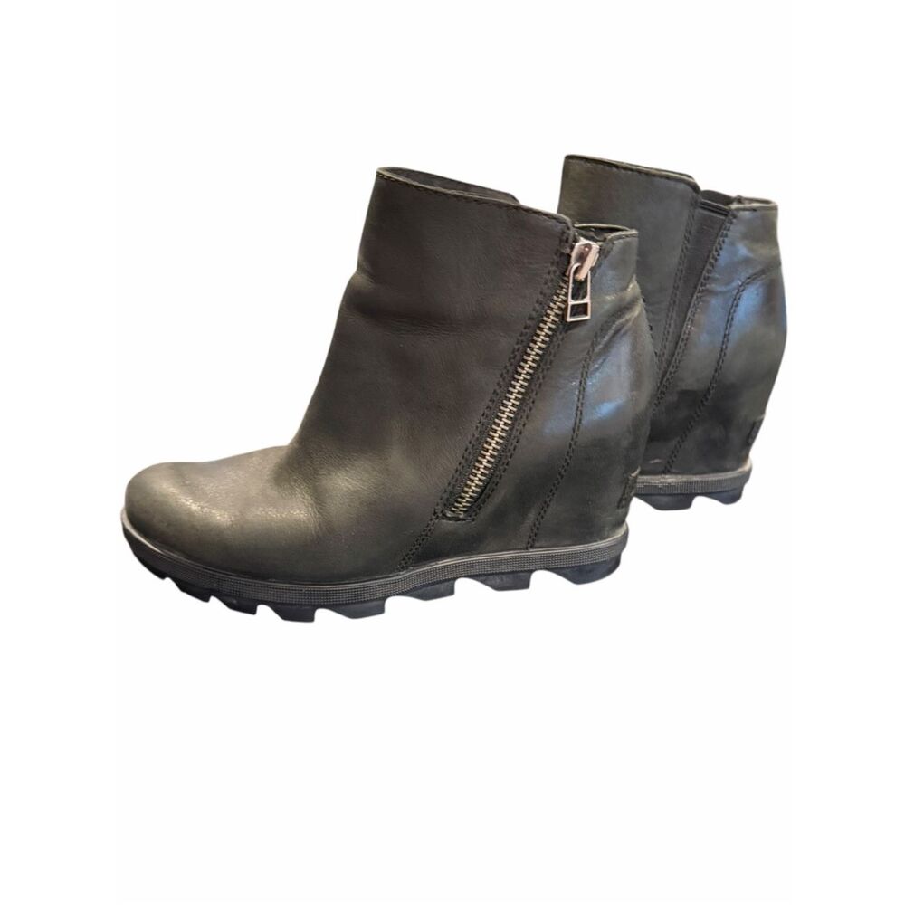 SOREL Joan of Arctic Wedge II Zip Waterproof Leather Hidden Wedge Booties Black